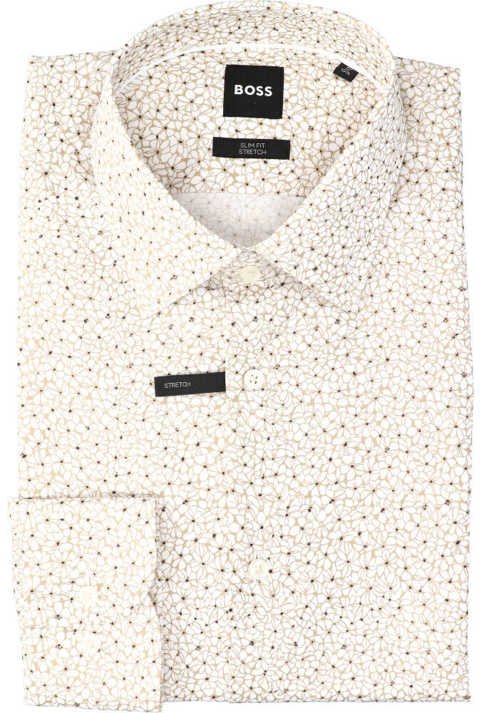 Chemise blanche en coton (coupe ajustée) à imprimé floral beige et manches longues Hank Hugo Boss