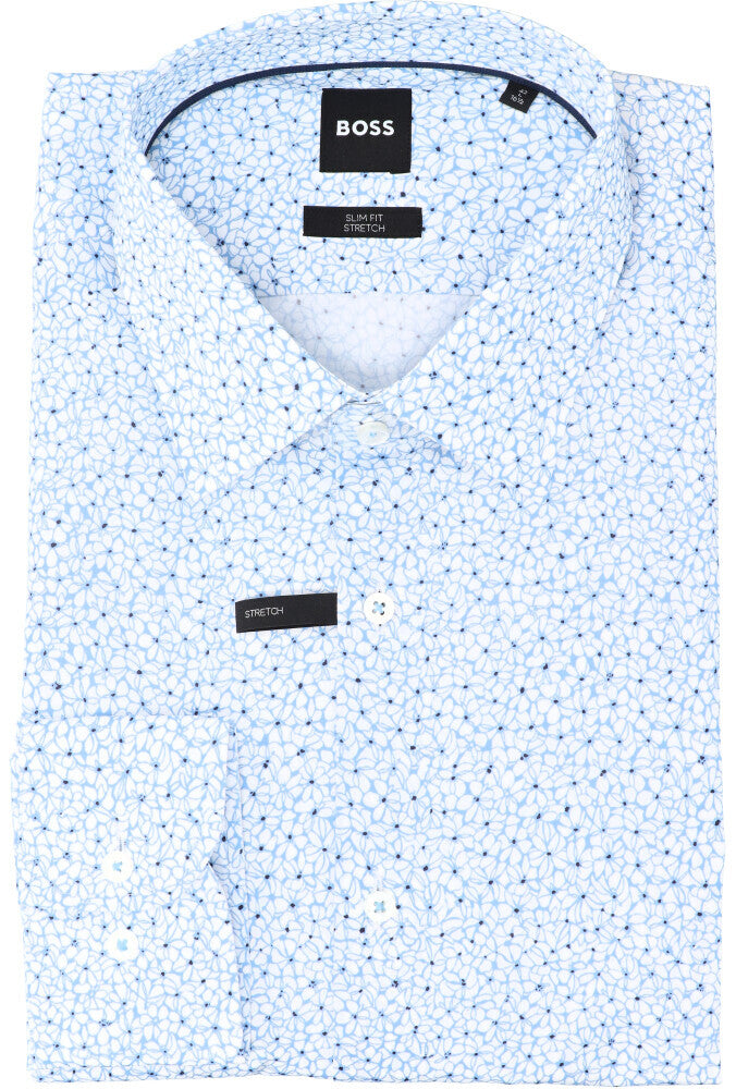 Chemise en coton blanc (coupe ajustée) à imprimé floral bleu clair et manches longues Hank Hugo Boss