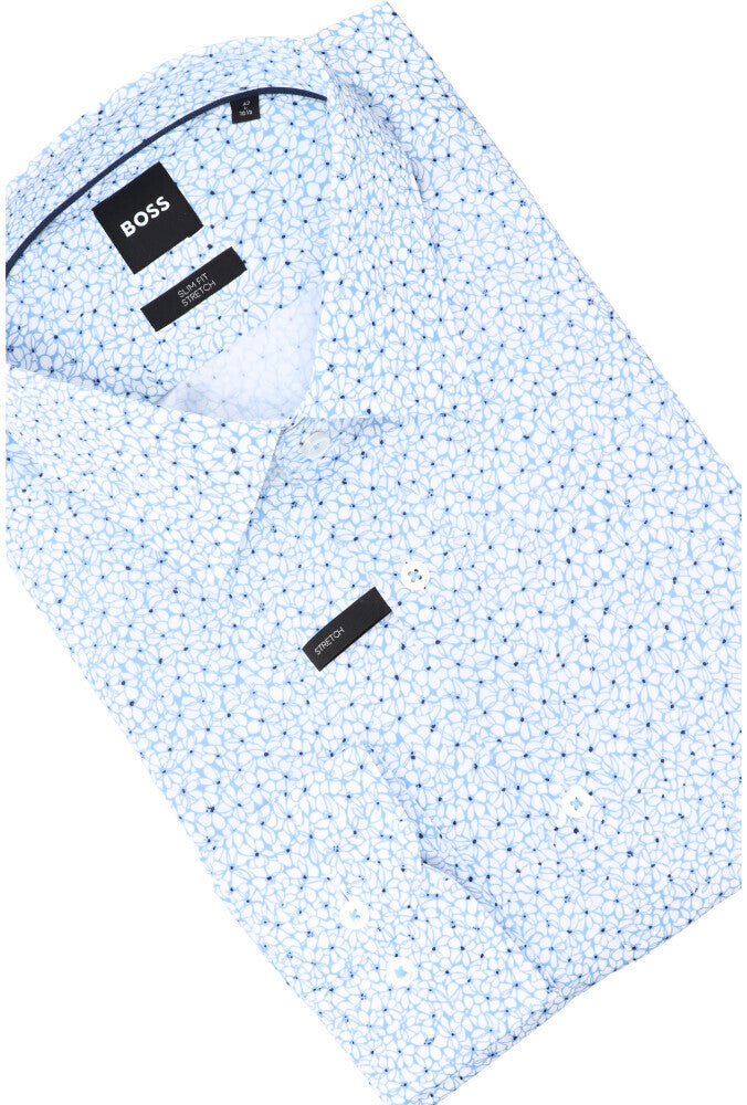 Chemise en coton blanc (coupe ajustée) à imprimé floral bleu clair et manches longues Hank Hugo Boss