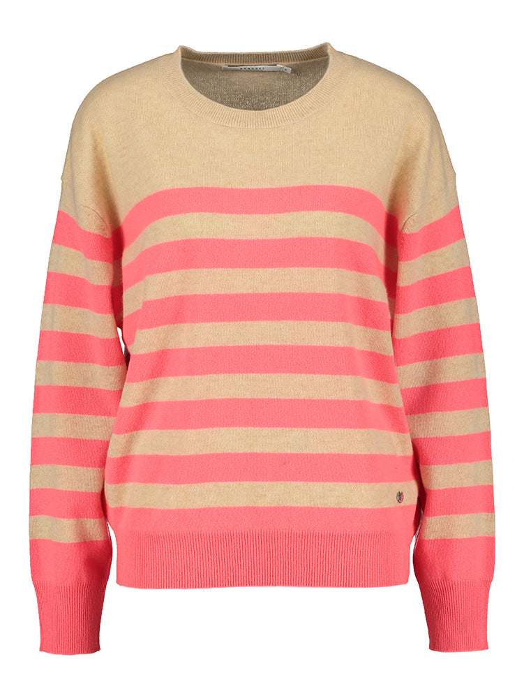 Pull rayé beige avec des touches de fluo