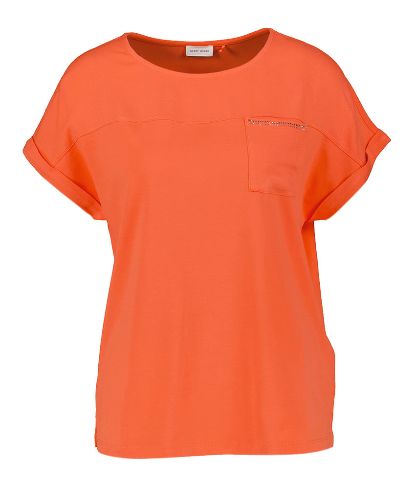T-shirt orange avec strass sur la poche poitrine, signé Gerry Weber