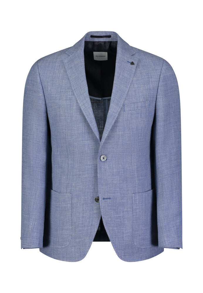 Blazer bleu clair à coutures blanches et lin, coupe classique, Roy Robson