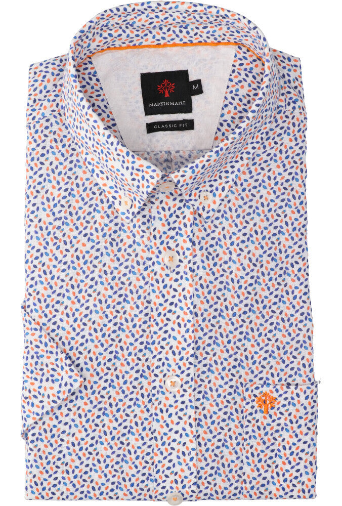 Chemise en lin blanc (coupe classique) à manches courtes, ornée de détails bleus et orange, Martin Maple