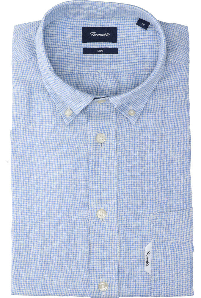 Chemise en lin blanc (coupe classique) à carreaux vichy bleus et manches longues Faconnable