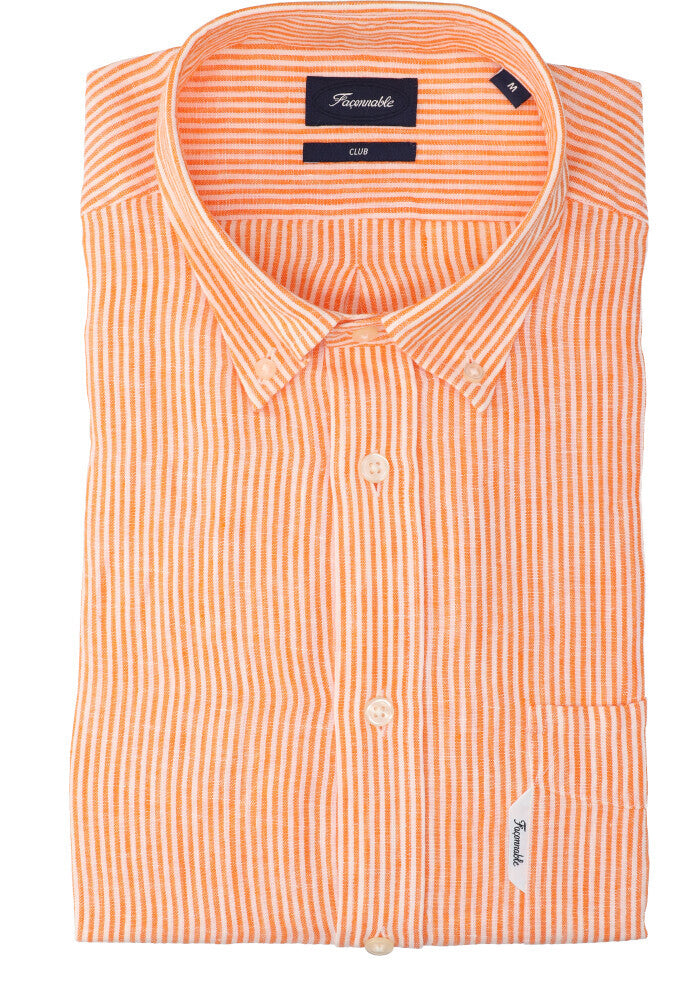 Chemise en lin orange (coupe classique) à rayures et manches longues Faconnable