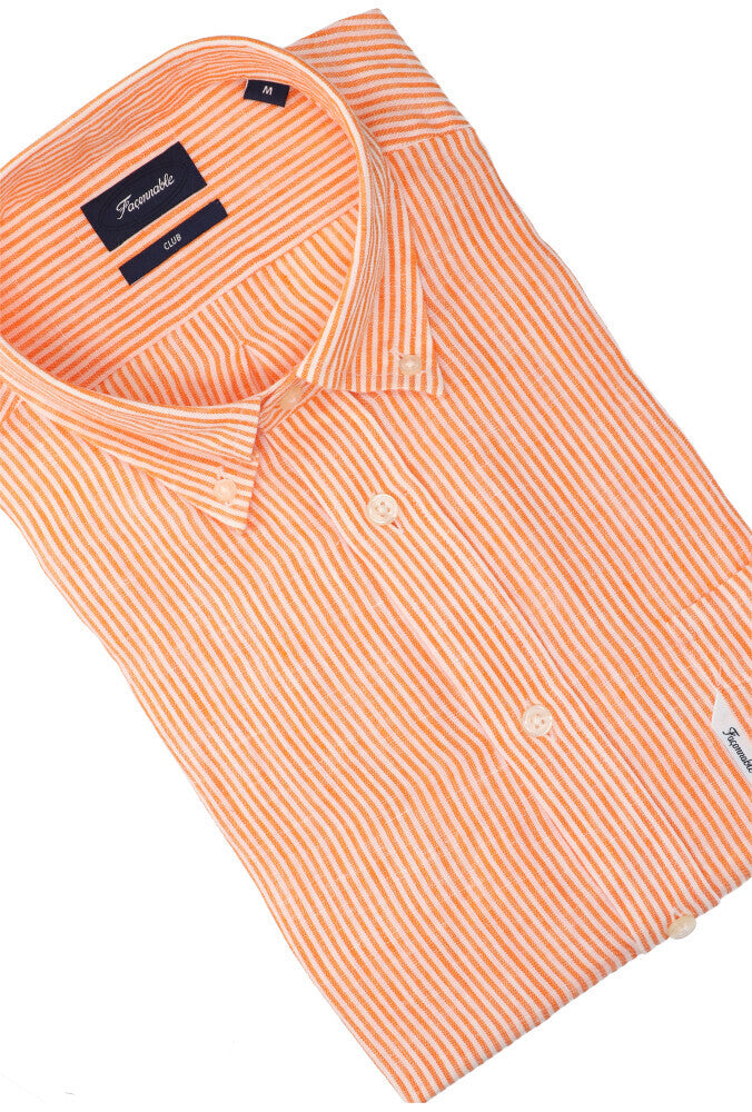 Chemise en lin orange (coupe classique) à rayures et manches longues Faconnable