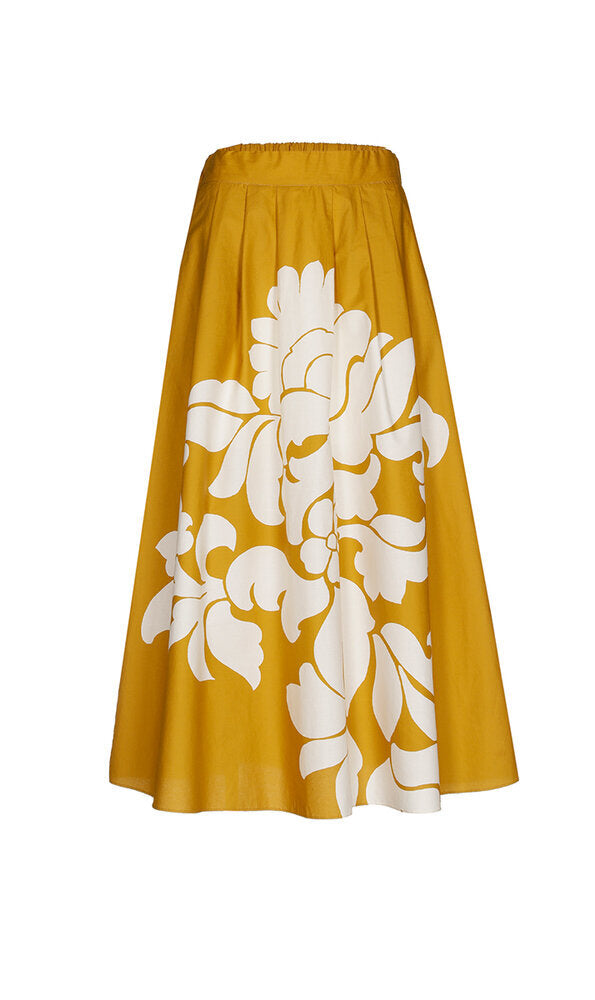 Jupe plissée jaune ocre à imprimé floral blanc Rila Xandres