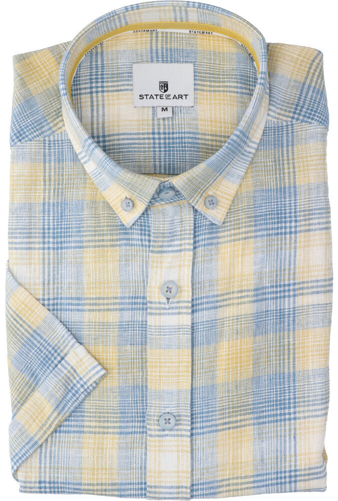 Blauw geel geruit hemd ( regular fit) met korte mouwen State Of Art