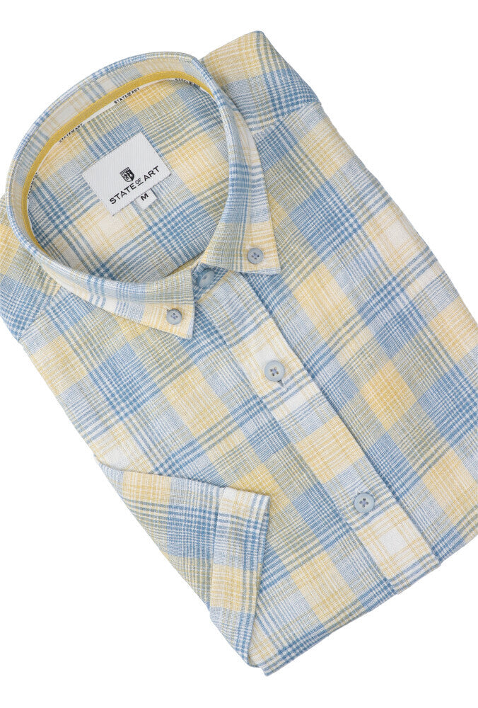 Blauw geel geruit hemd ( regular fit) met korte mouwen State Of Art