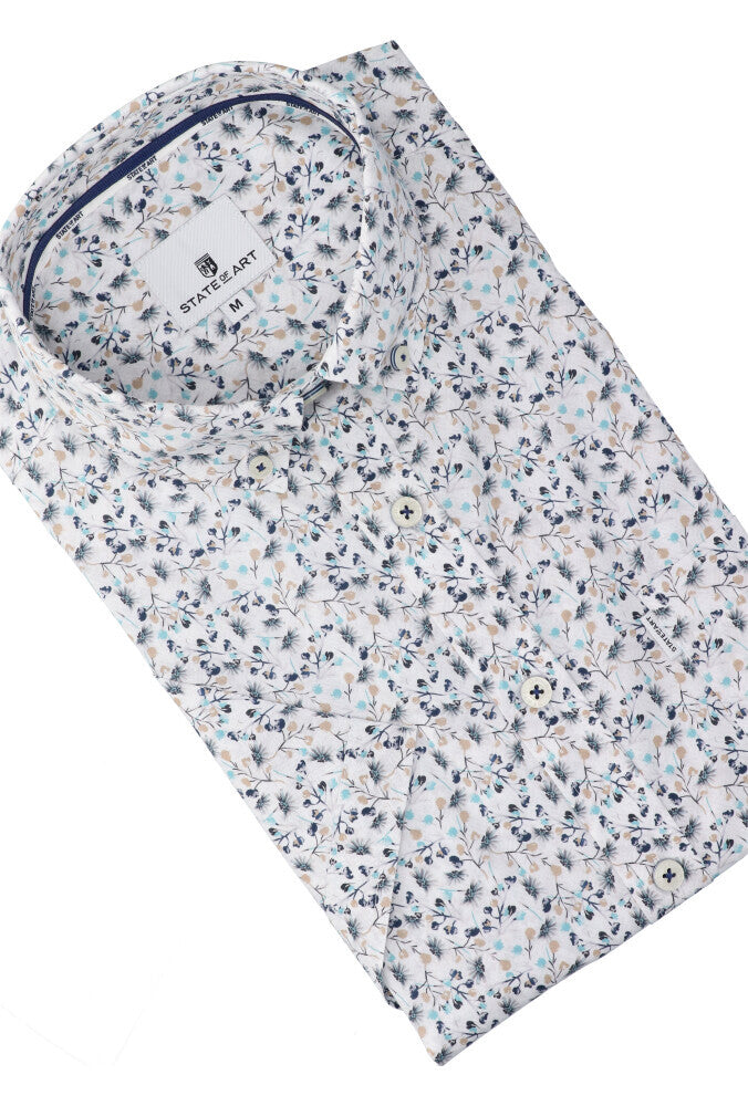 Chemise en coton blanc (coupe classique) à imprimé floral, manches courtes, State Of Art