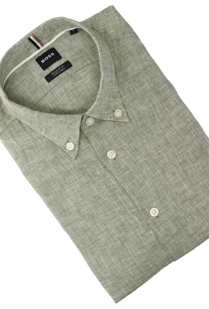 Chemise en lin vert moyen (coupe classique) à manches longues Hugo Boss