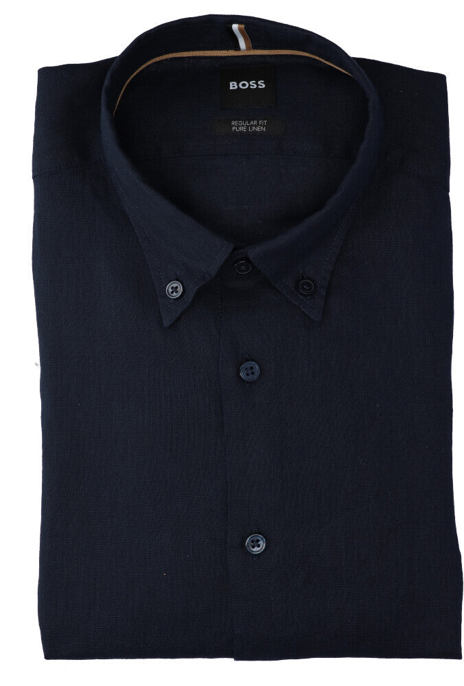 Chemise en lin bleu foncé (coupe classique) à manches longues Hugo Boss