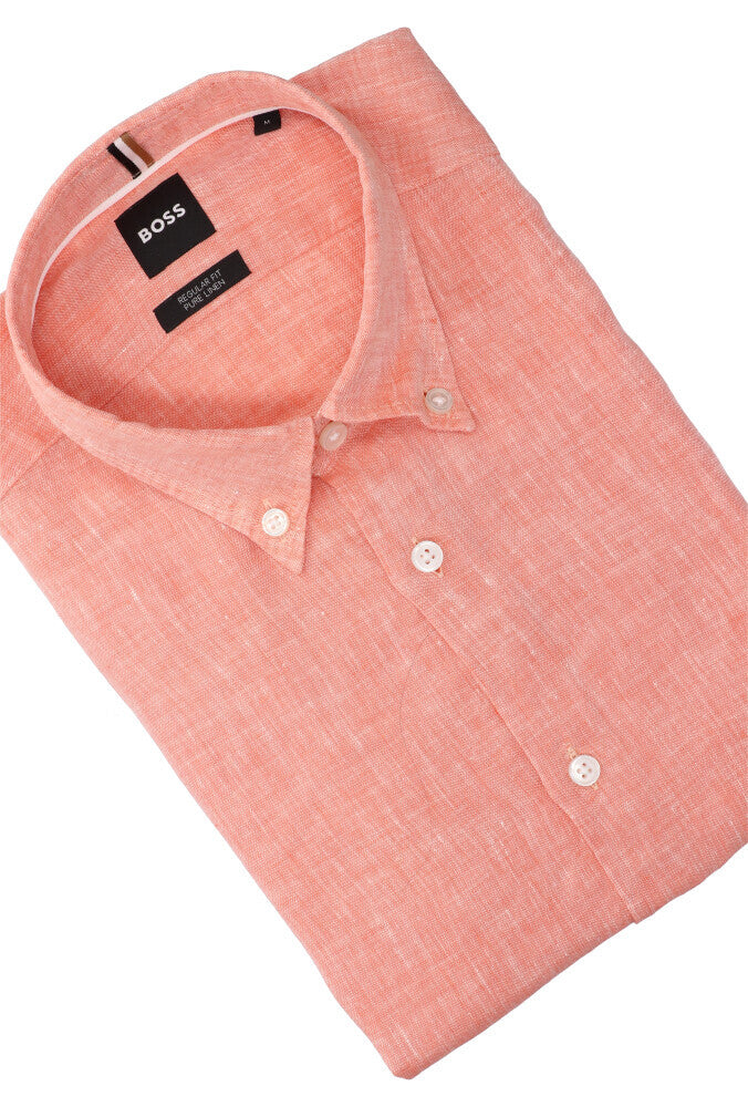 Chemise en lin orange vif (coupe classique) à manches longues Hugo Boss