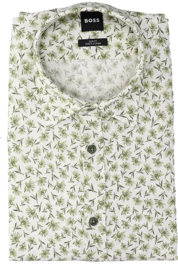 Chemise en lin vert moyen (coupe ajustée) imprimée à manches longues Hugo Boss