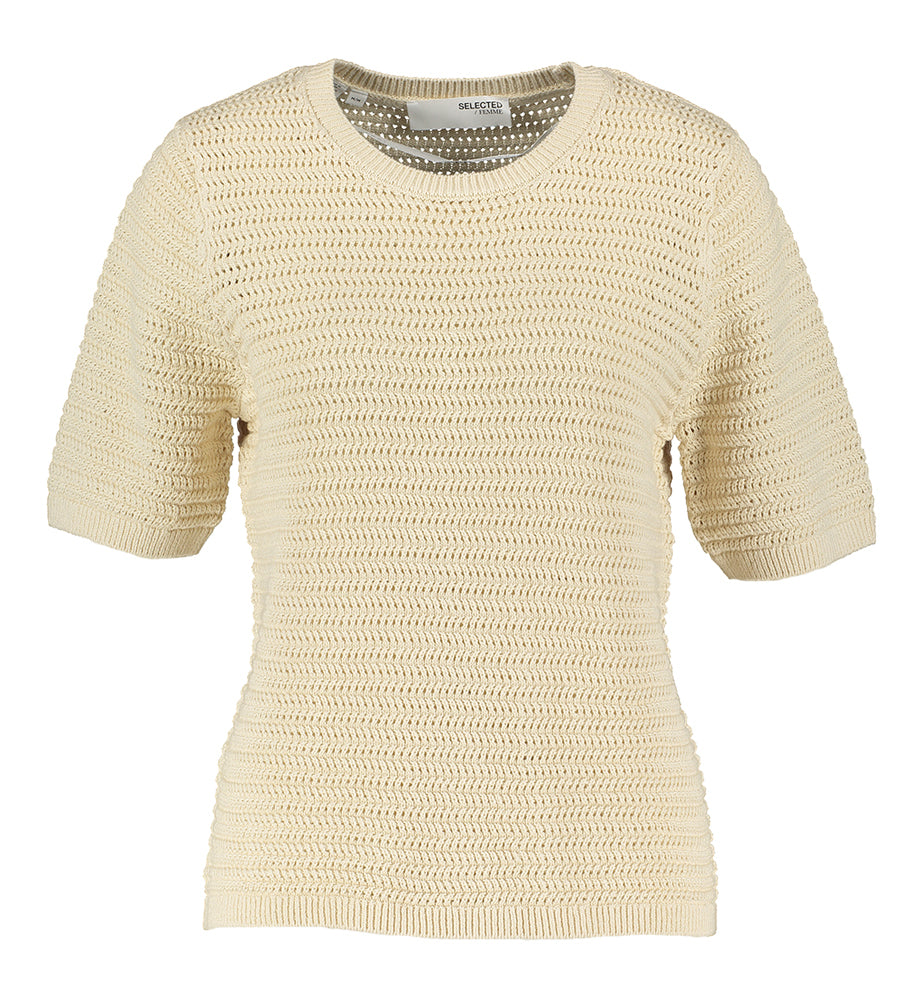 Pull en coton beige à manches courtes et col rond. Sélectionné