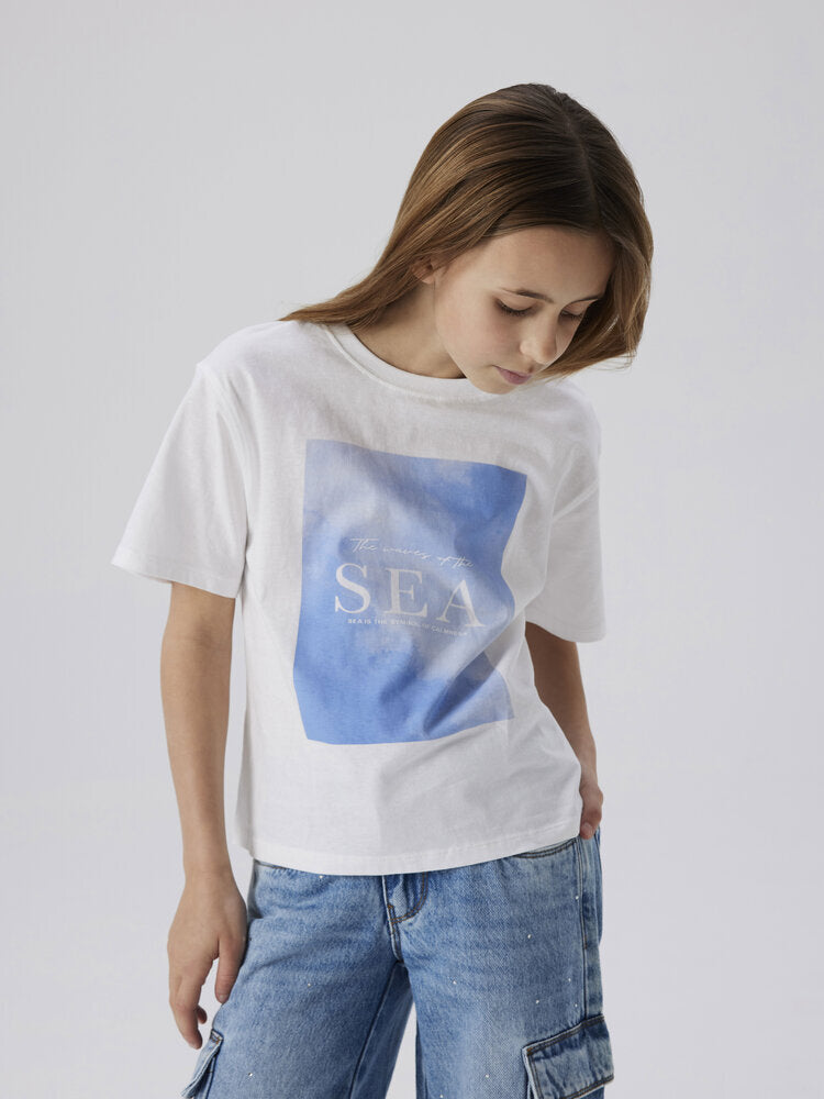 T-shirt blanc en coton, col rond et manches courtes. Nomme-le