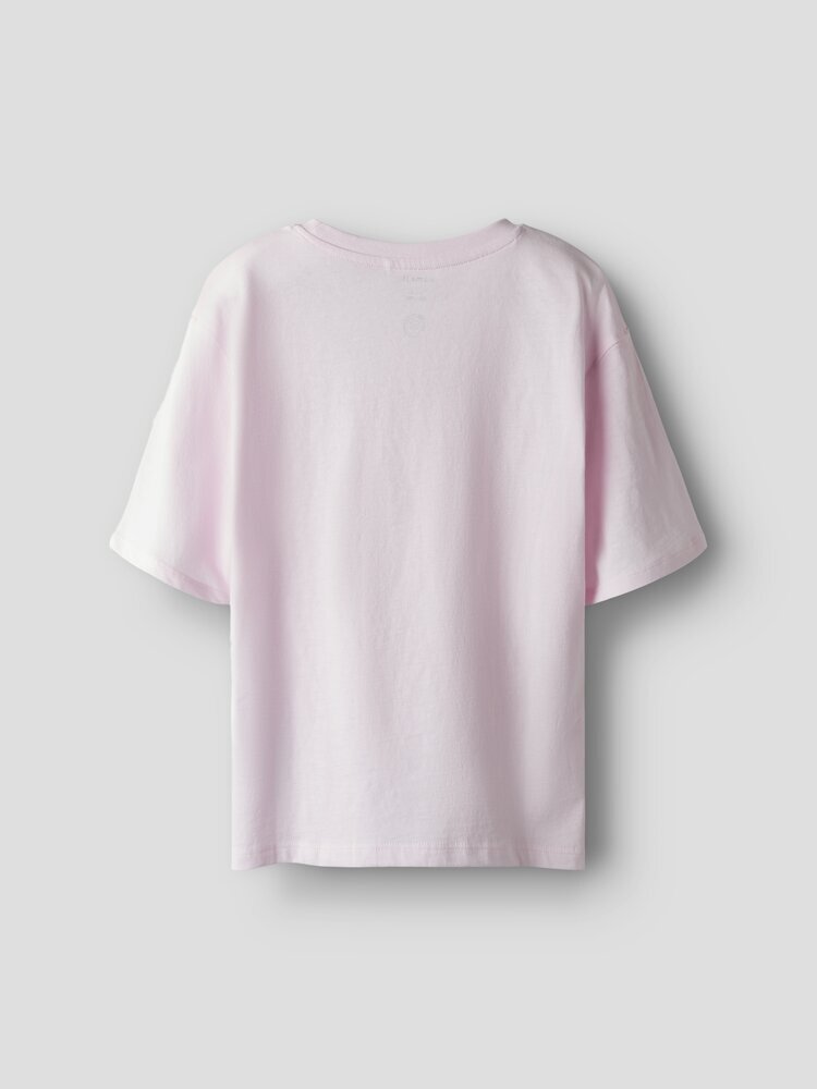 T-shirt rose clair en coton, col rond et manches courtes. Nomme-le