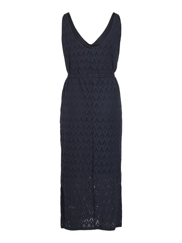 Donkerblauw midi jurk met broderie Viamalina Vila