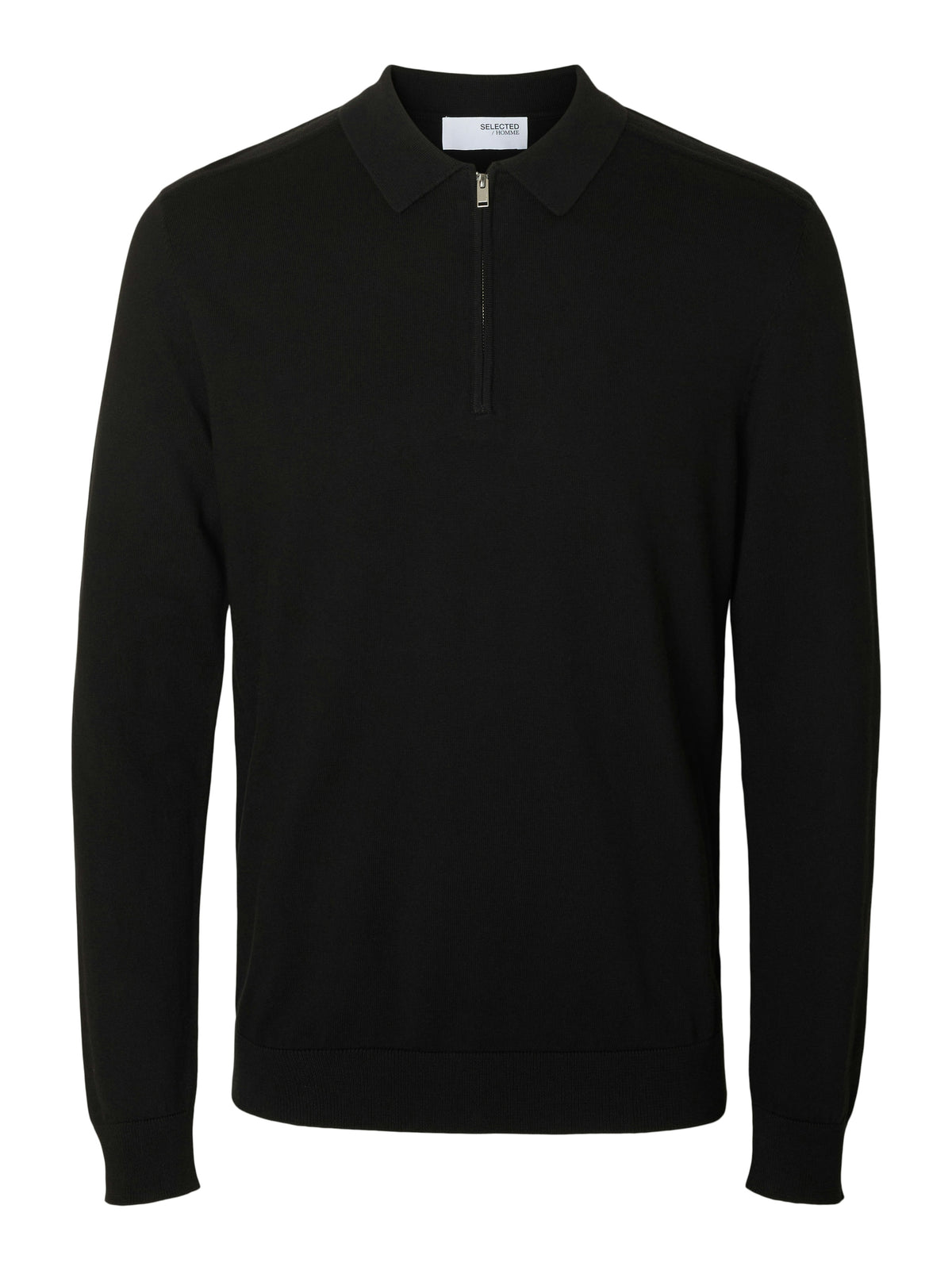 Zwarte polo met lange mouw en korte rits Selected