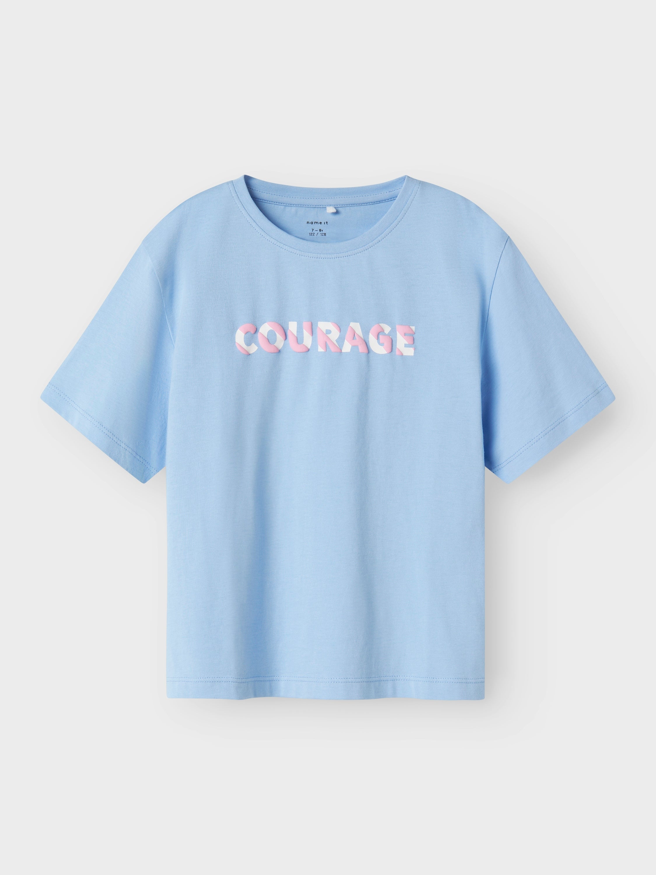 Lichtblauwe katoenen t-shirt met roze opdruk Name It