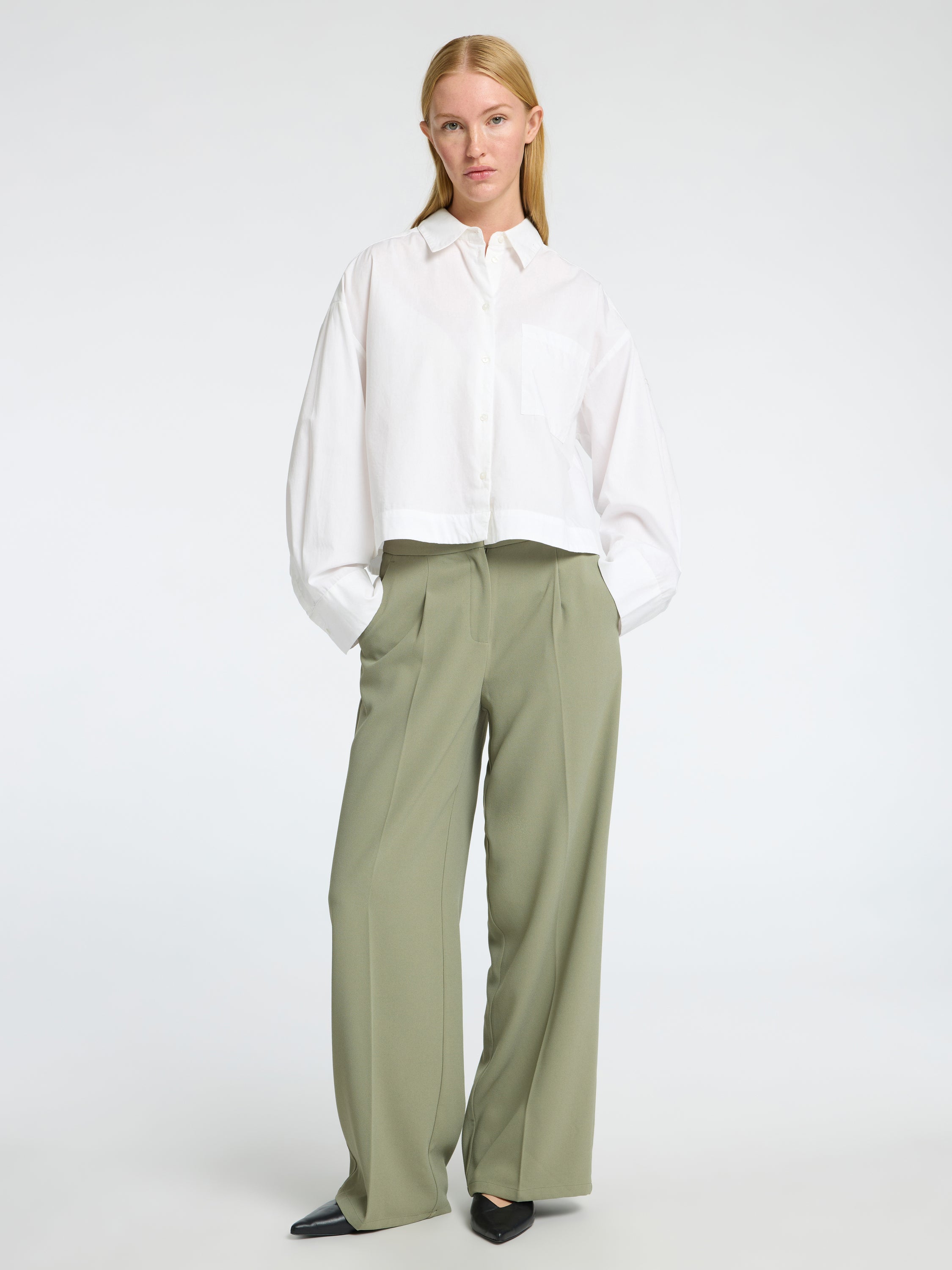 Kaki wijde broek met bandplooi Selected