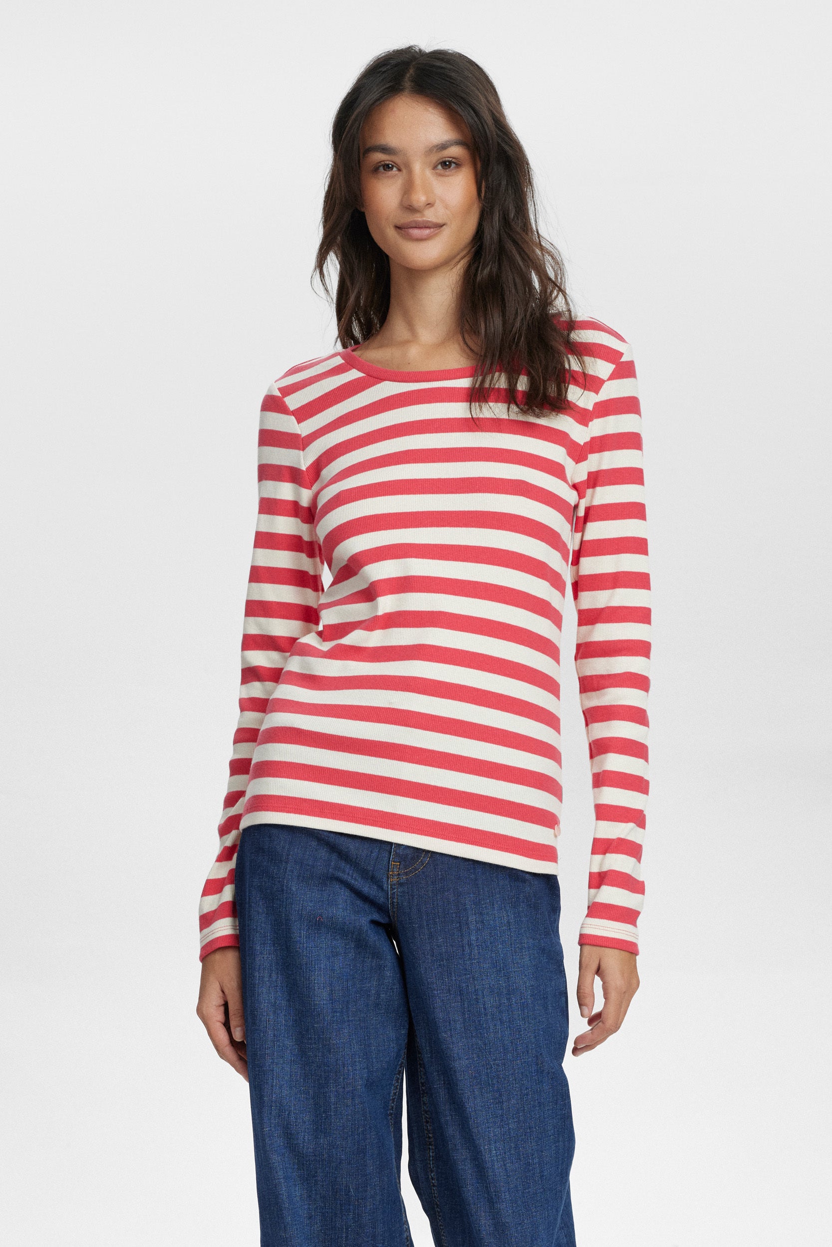 Rood en ecru gestreepte t-shirt met ronde hals Mixie Numph