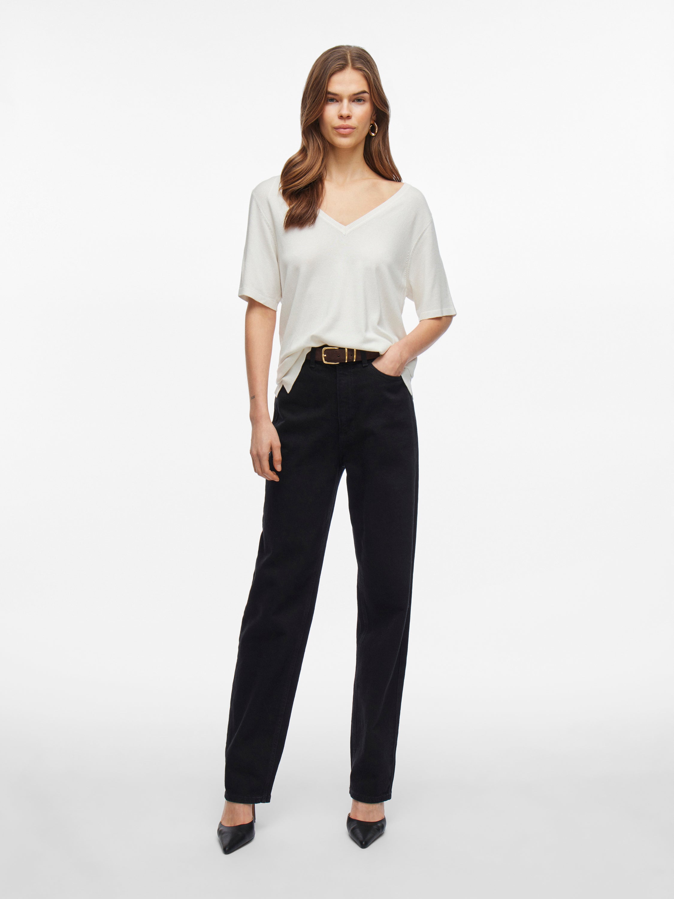 Pull blanc fin à col V Viwennie Vila