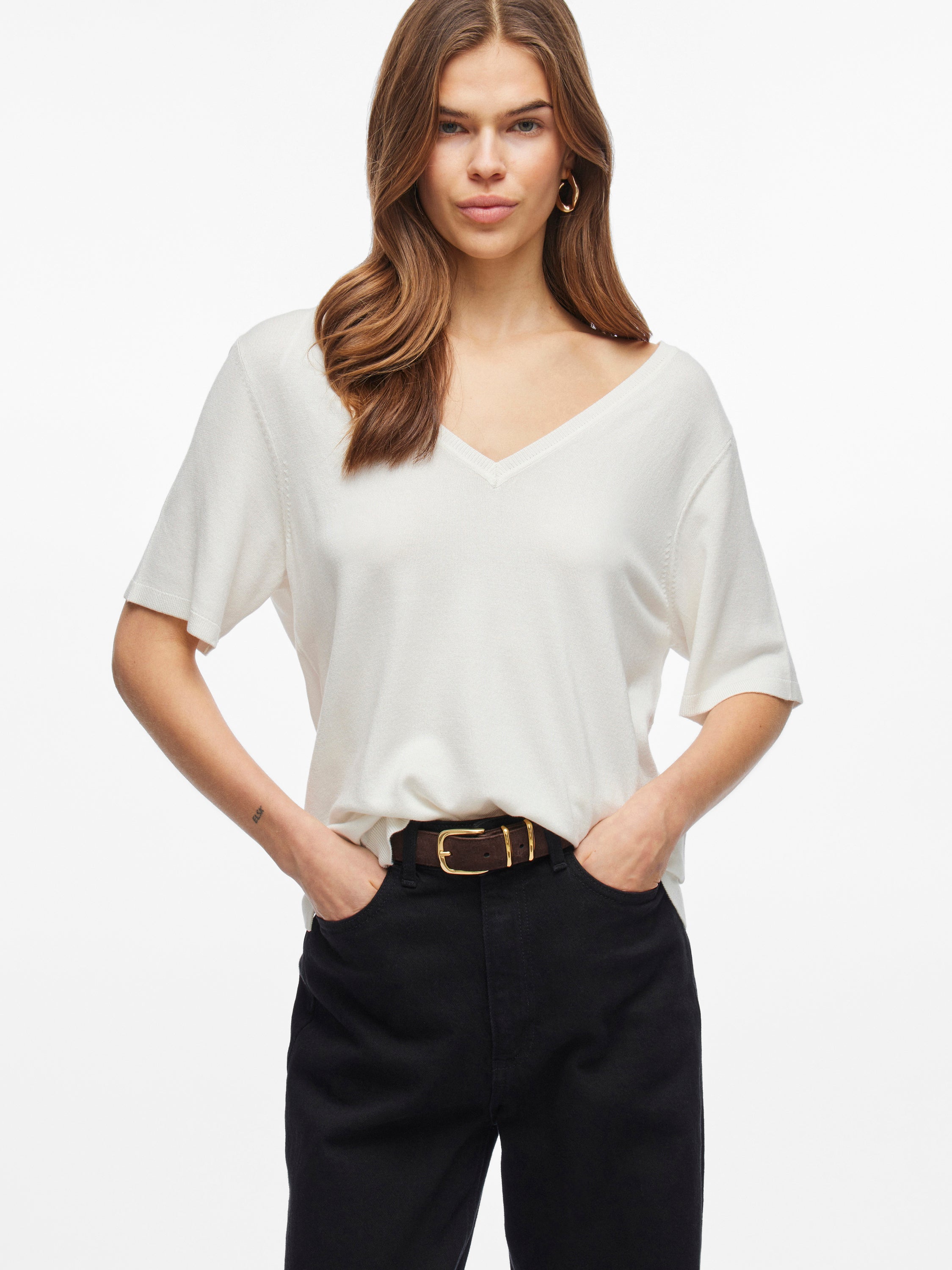 Pull blanc fin à col V Viwennie Vila