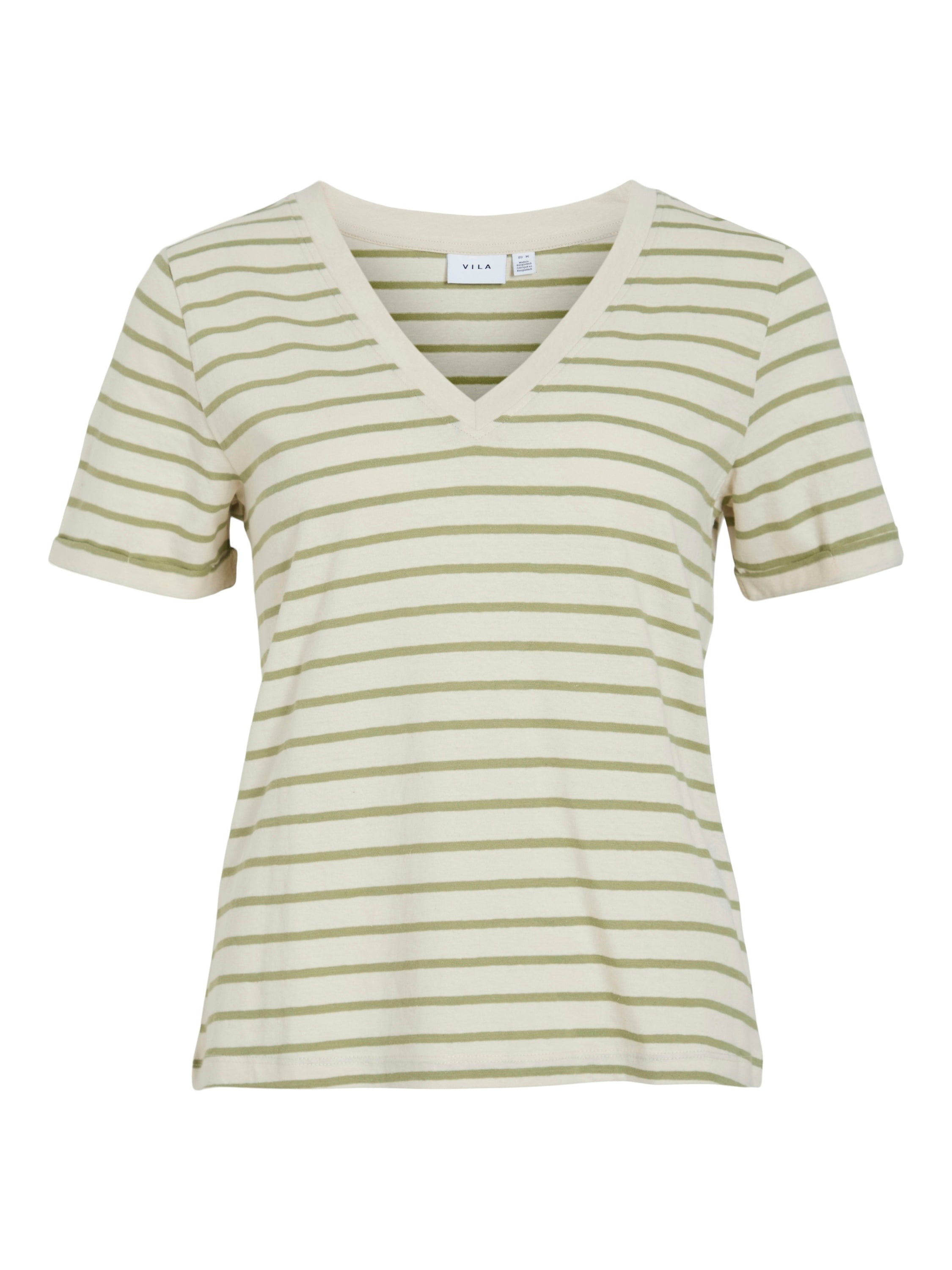 Birch/ sage t-shirt met v-hals en strepen Vila