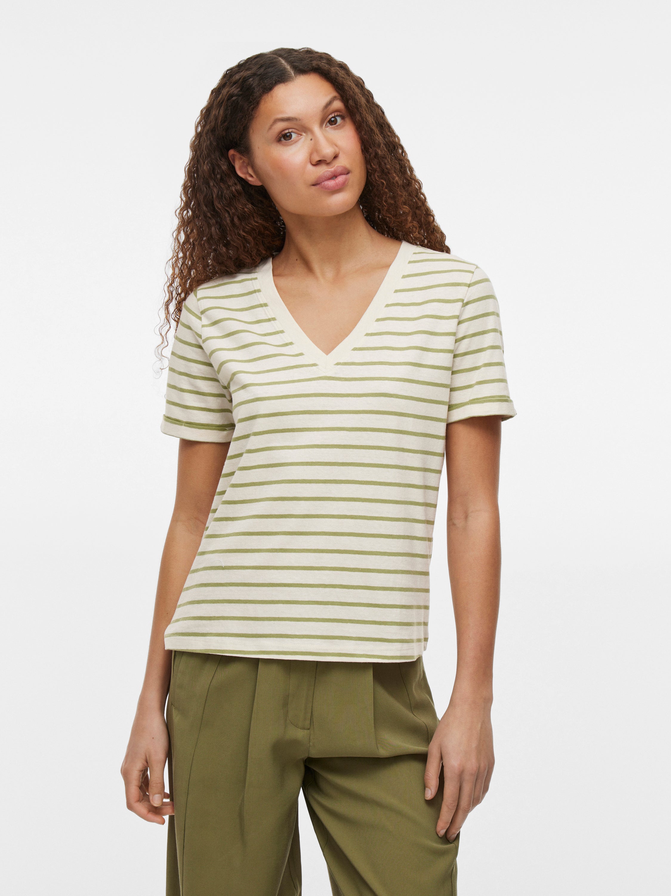 Birch/ sage t-shirt met v-hals en strepen Vila