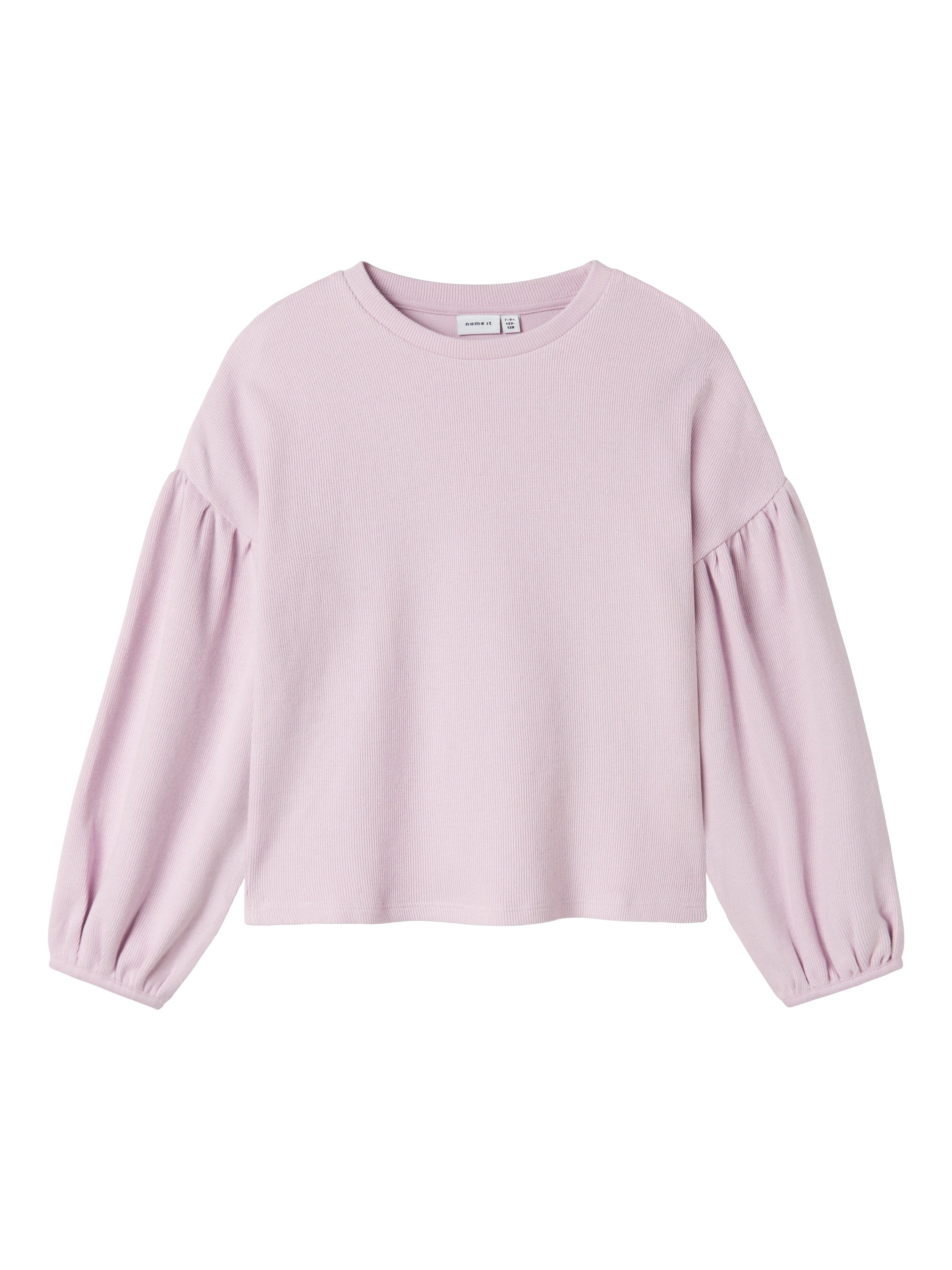 T-shirt rose en tissu côtelé à manches bouffantes. Nomme-le