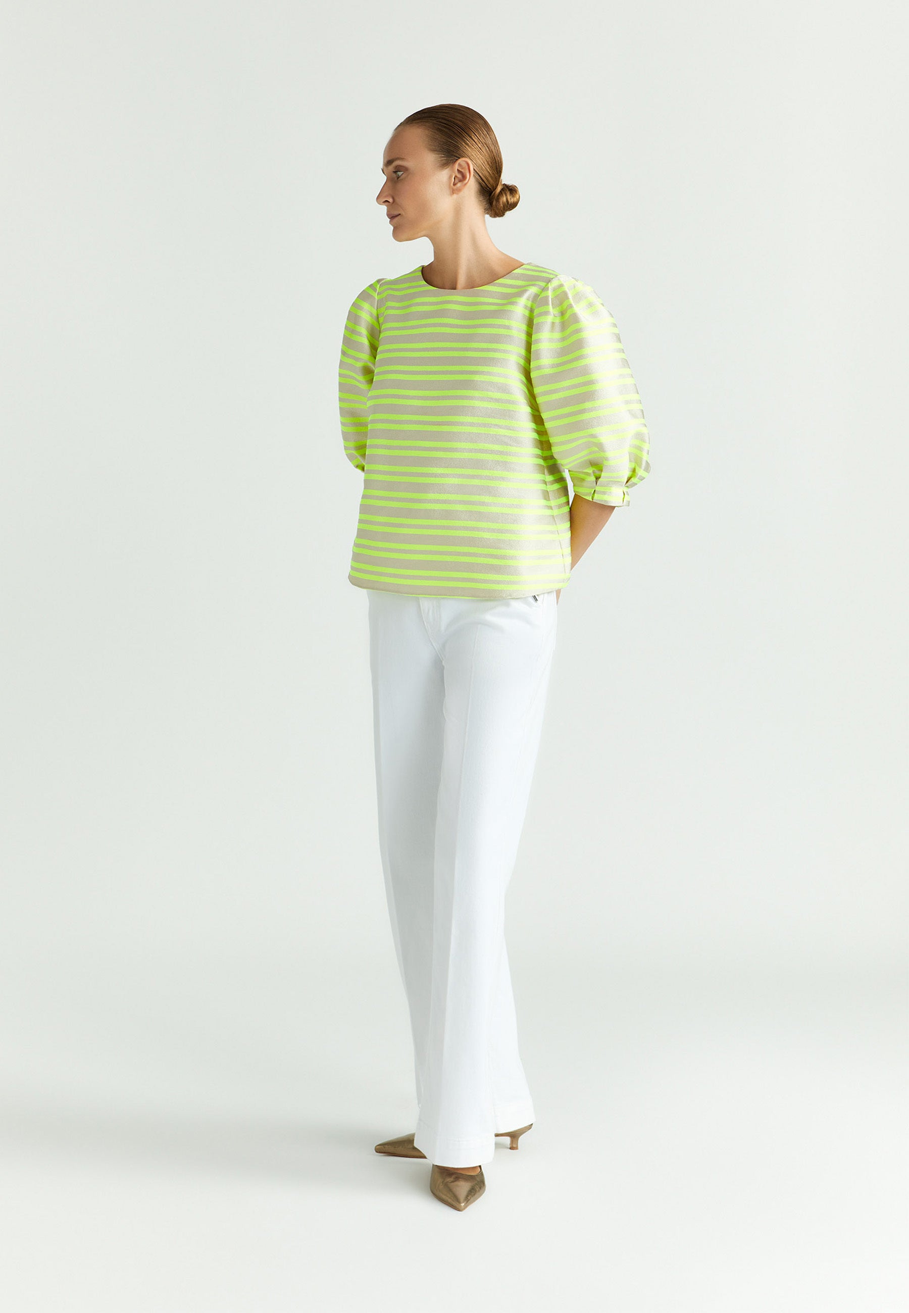 Chemisier beige à rayures jaune fluo Helga Xandres