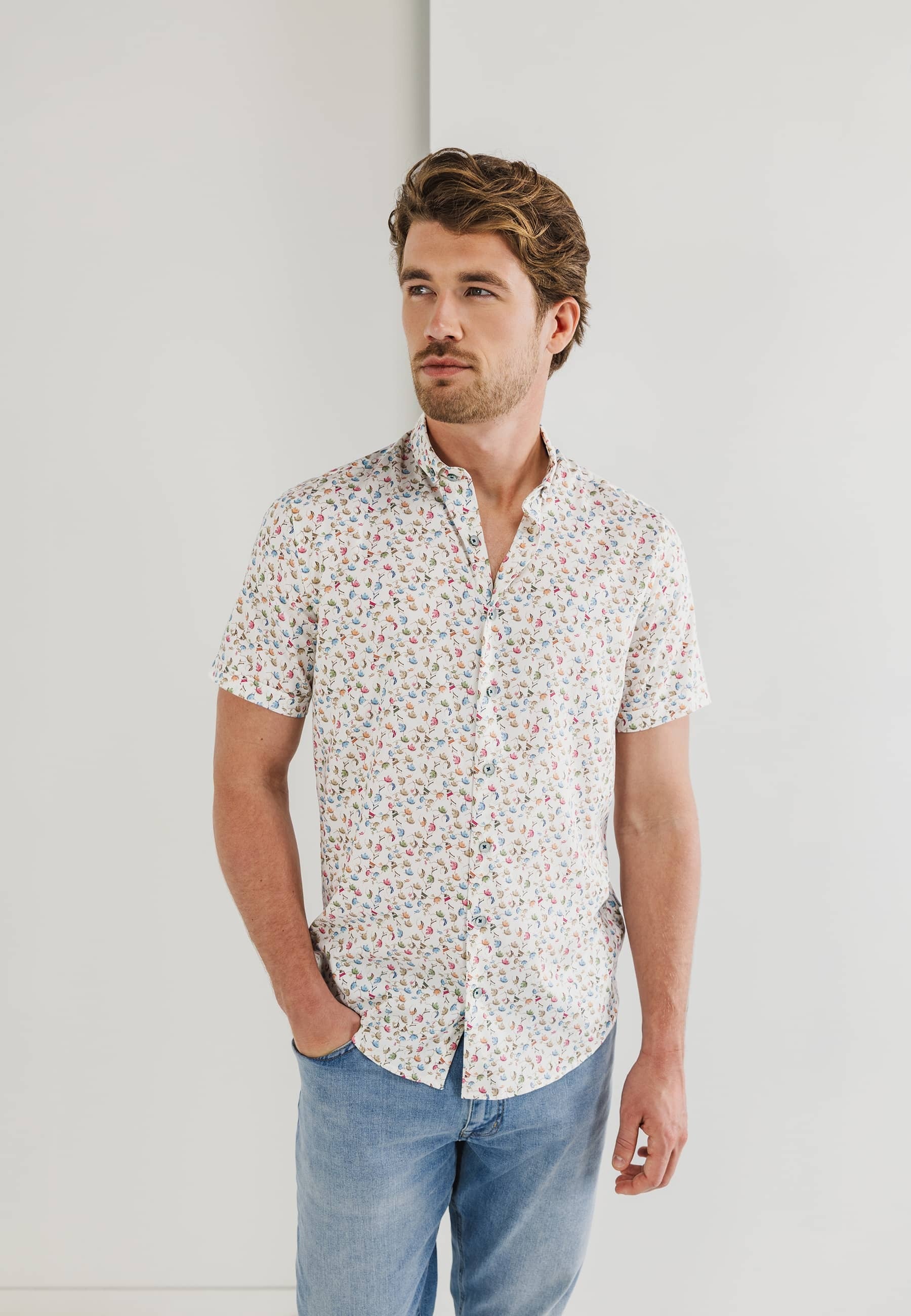 Beige katoenen hemd ( regular fit) met print en kort mouwen State Of Art