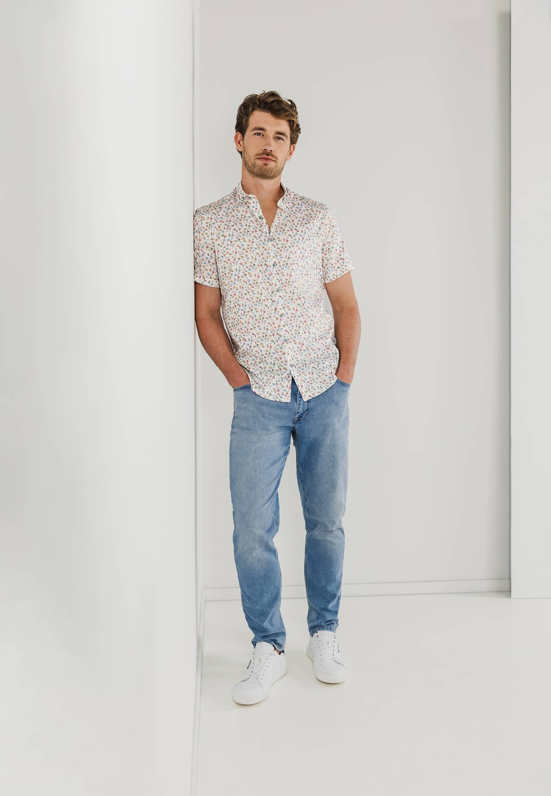 Beige katoenen hemd ( regular fit) met print en kort mouwen State Of Art