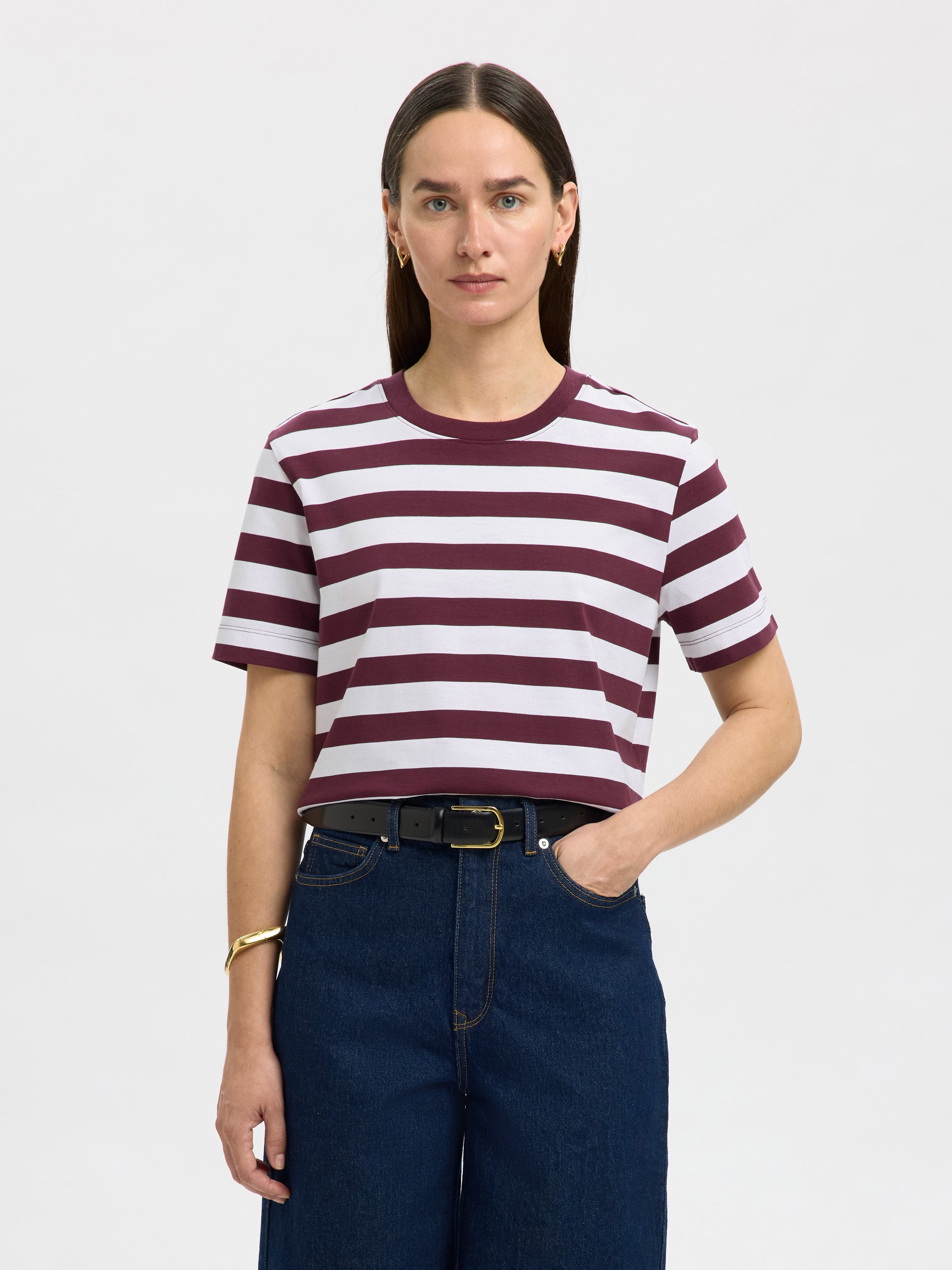 Bordeauw en witte gestreepte katoenen t-shirt Selected
