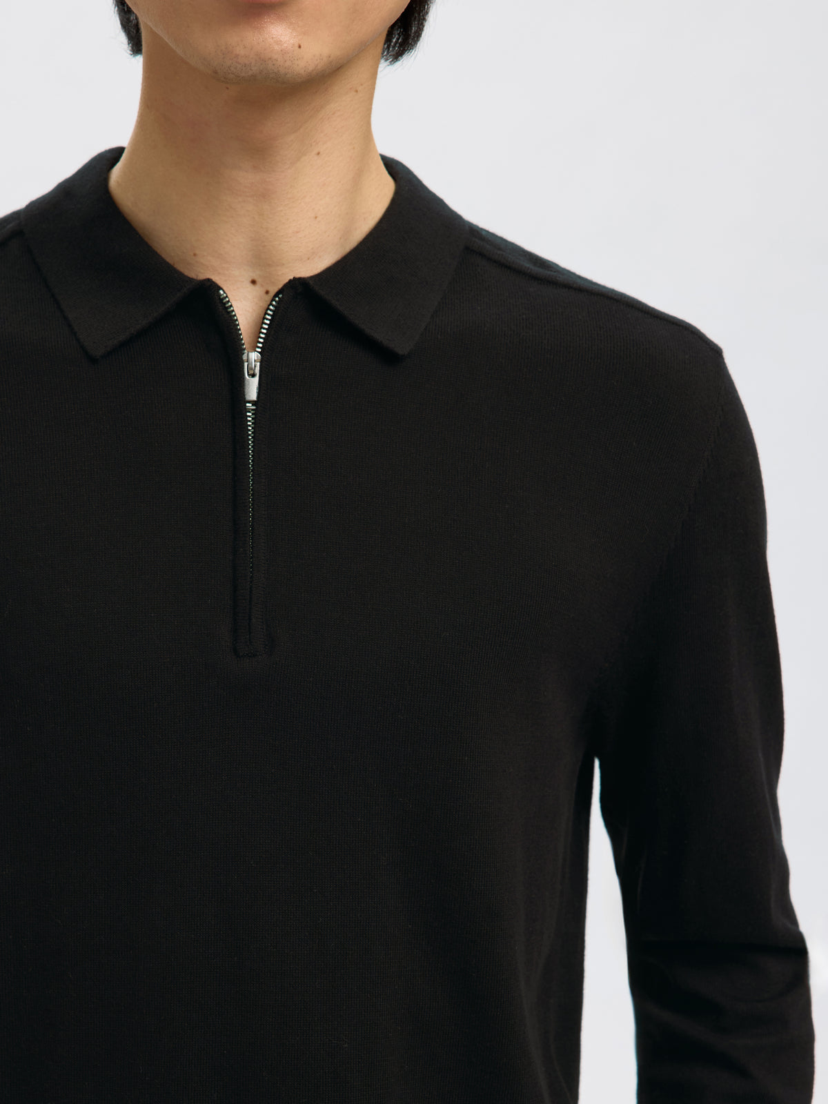 Zwarte polo met lange mouw en korte rits Selected