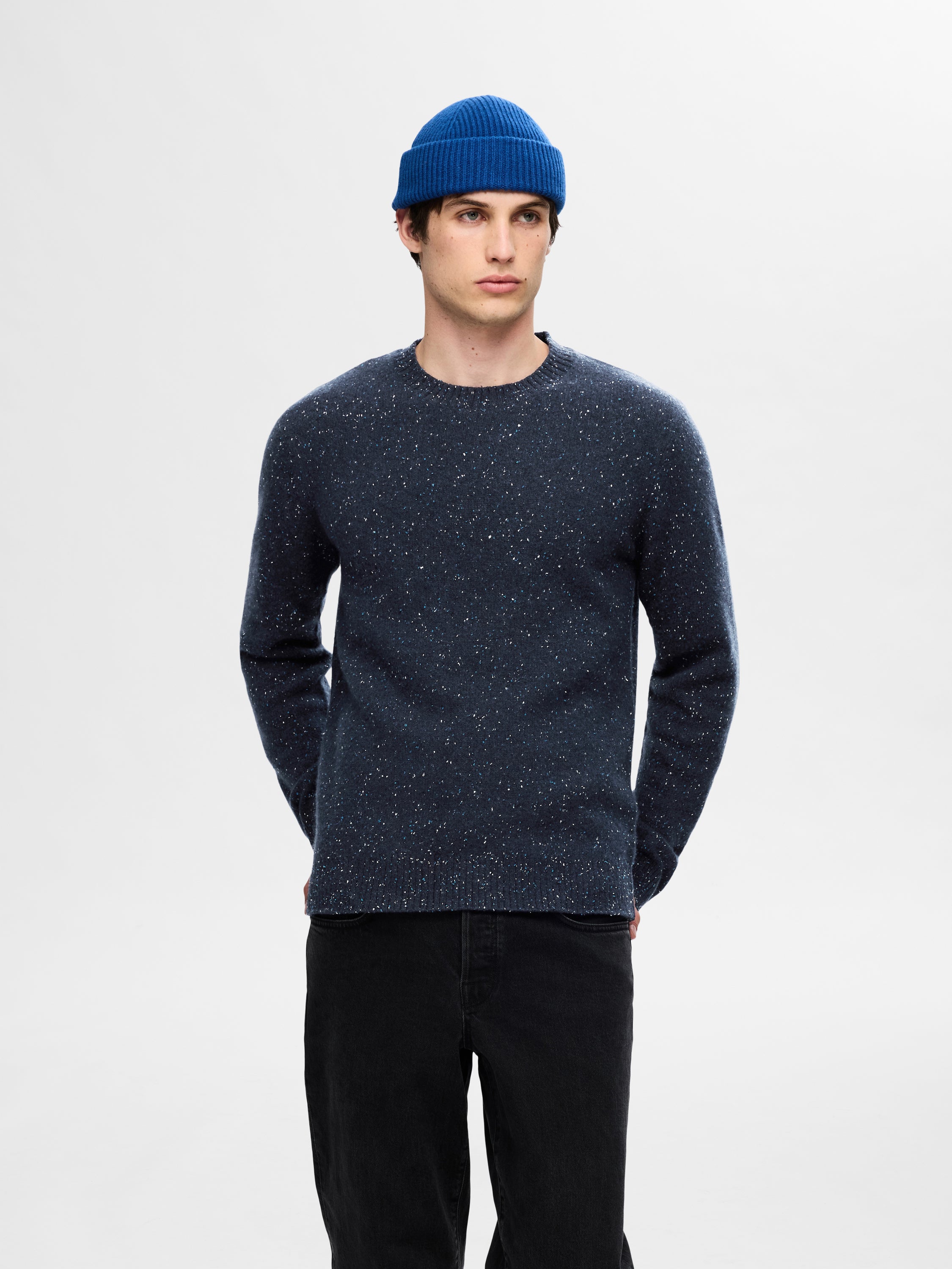 Blauwe wollen pull met ronde hals Selected