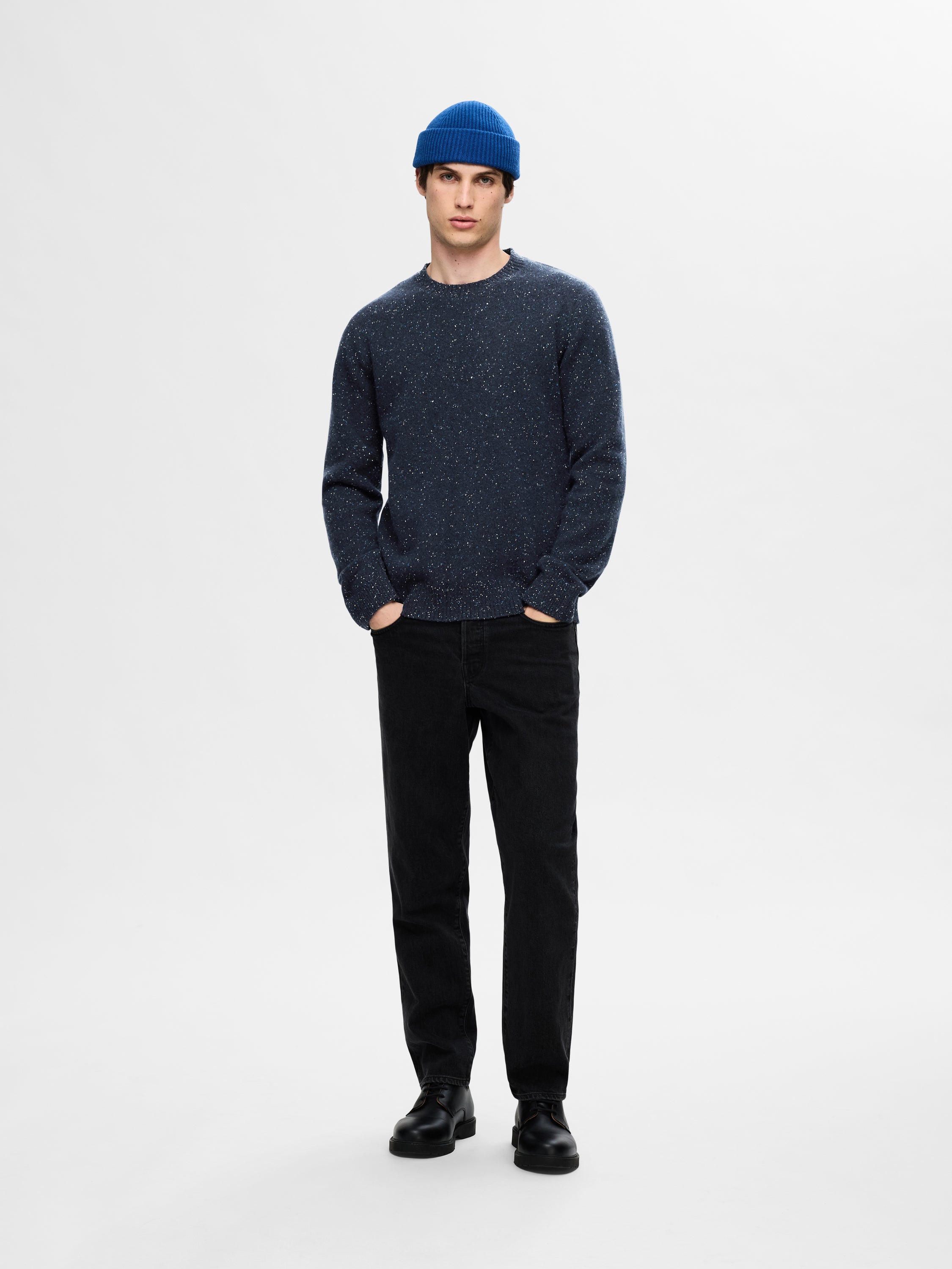 Blauwe wollen pull met ronde hals Selected