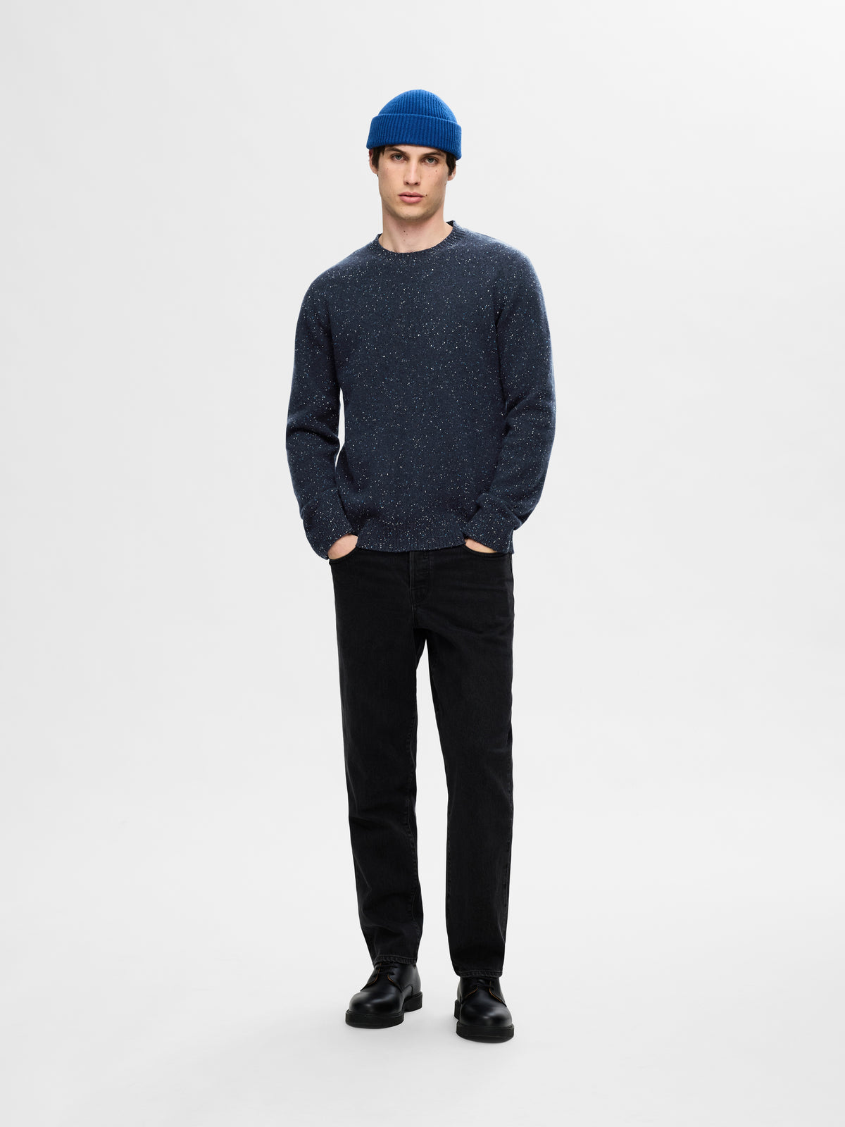 Blauwe wollen pull met ronde hals Selected