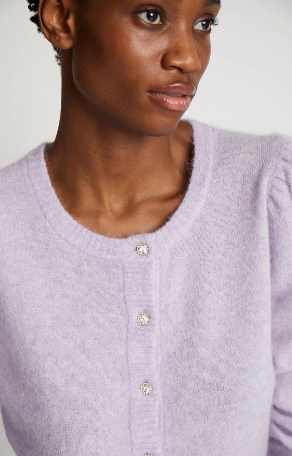 Ensemble twin-set cardigan violet en laine à boutons argentés